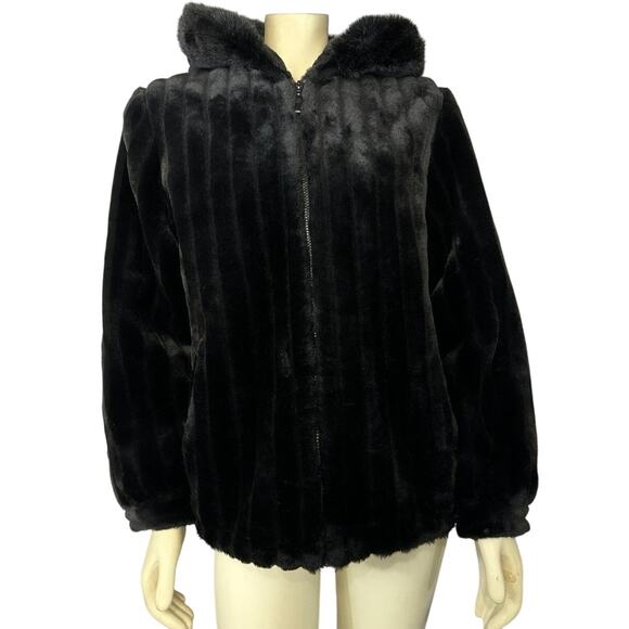 Faux fur hooded coat jacket zippered closing Dressbarn size small - Picture 3 of 12